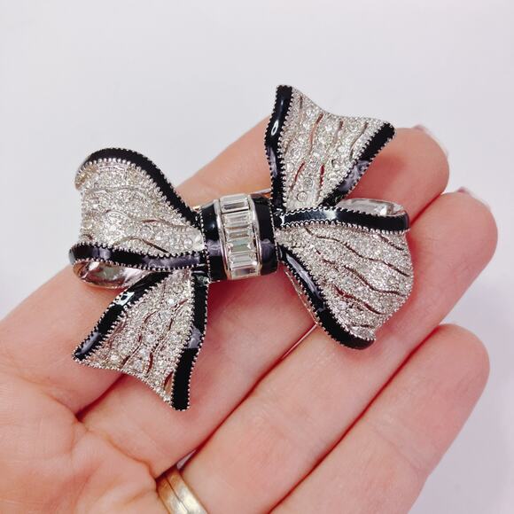 Signed Graziano Silver Tone Black Enamel Rhinestone Bow Brooch Vintage Designer - Picture 2 of 14